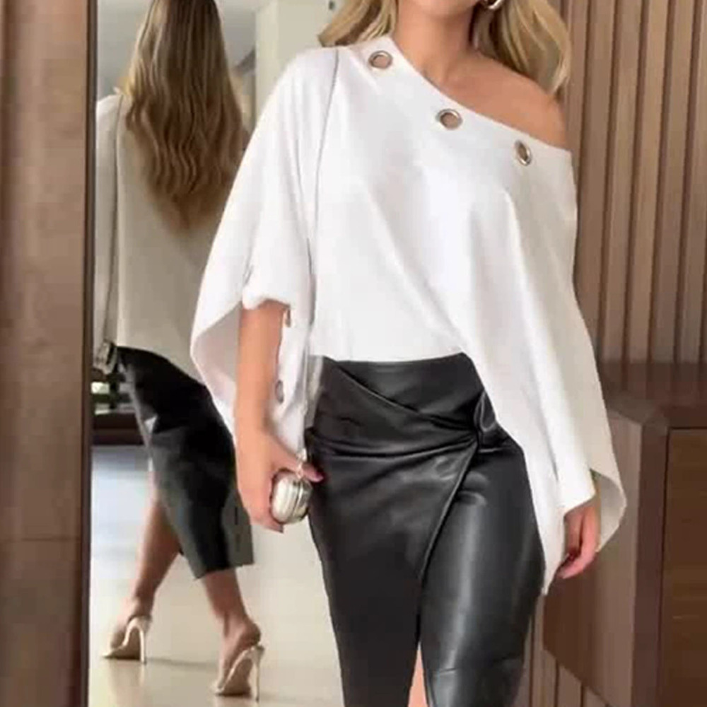 Forever 21 One Shoulder Three Quarter Sleeve Top and Bodycon Leather Skirt Set - Picture 2 of 6